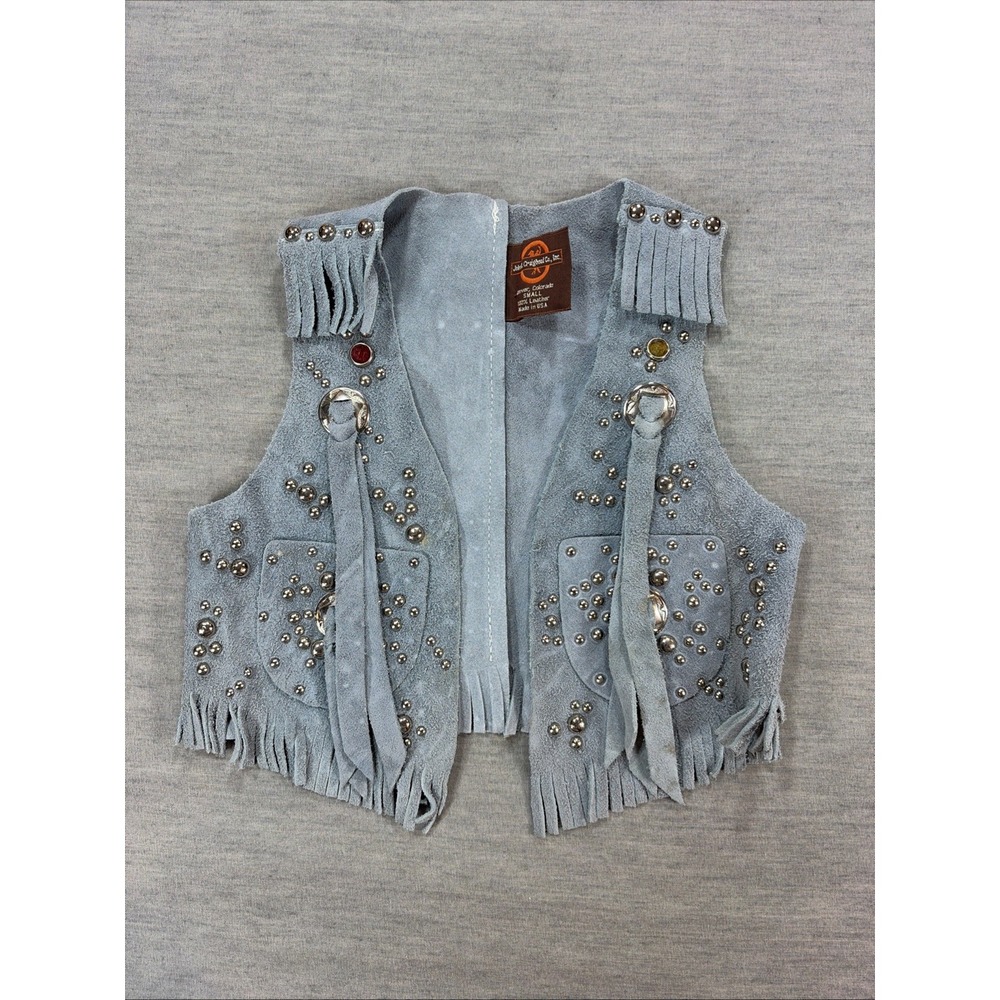 John R Craighead Co Child Small Blue Leather Cowboy Western Vest Fringe Studs